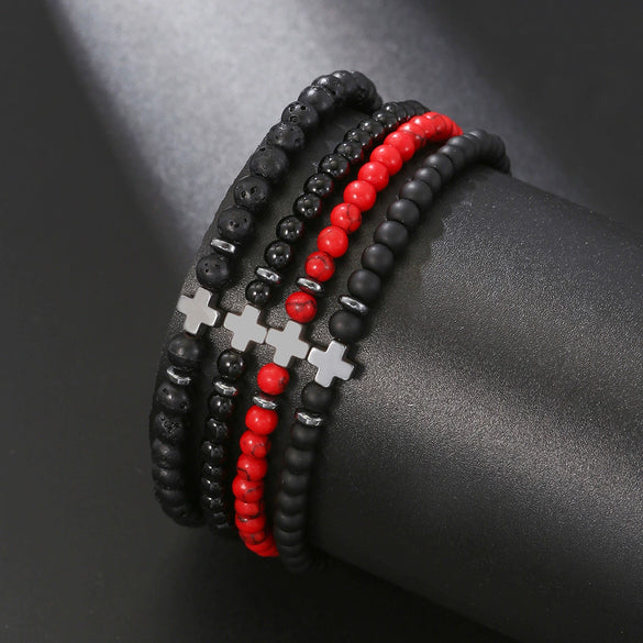 Unisex Handmade Geometric Black Frosted Volcanic Stone Cross Bracelet
