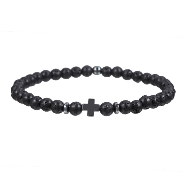 Unisex Handmade Geometric Black Frosted Volcanic Stone Cross Bracelet
