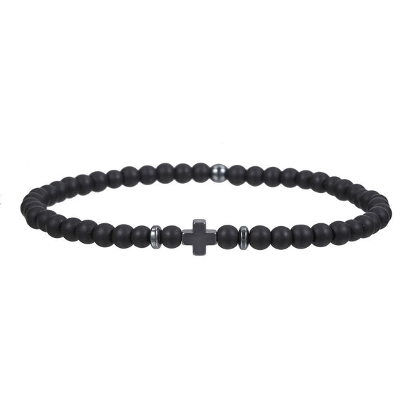 Unisex Handmade Geometric Black Frosted Volcanic Stone Cross Bracelet