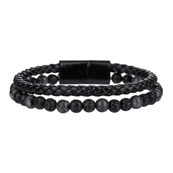 Unisex Handmade Hiphop Magnet Buckle Leather Cord Bracelet With Geometric Tiger's Eye And Volcanic Stone Beads