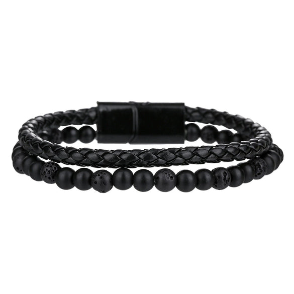 Unisex Handmade Hiphop Magnet Buckle Leather Cord Bracelet With Geometric Tiger's Eye And Volcanic Stone Beads