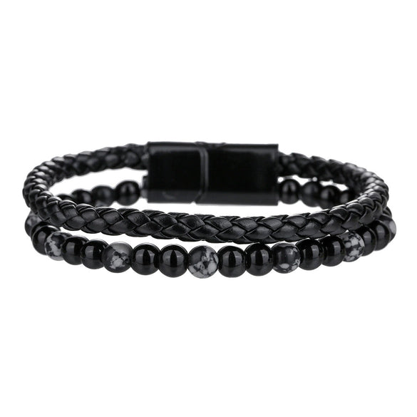 Unisex Handmade Hiphop Magnet Buckle Leather Cord Bracelet With Geometric Tiger's Eye And Volcanic Stone Beads