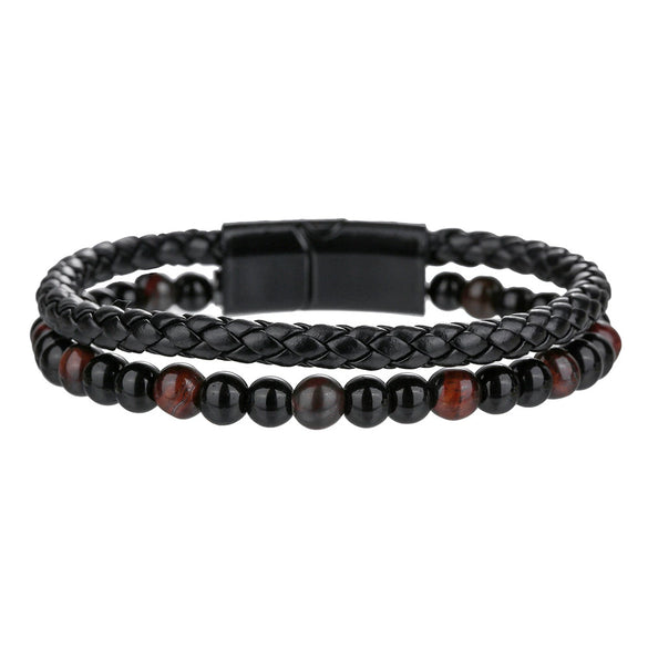 Unisex Handmade Hiphop Magnet Buckle Leather Cord Bracelet With Geometric Tiger's Eye And Volcanic Stone Beads