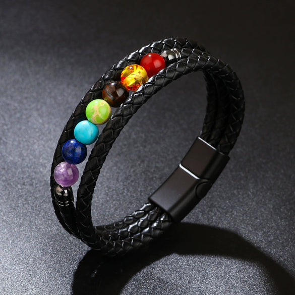 Unisex Handmade Mixed Material Multilayer Woven Leather And Pu Leather Bracelet With Geometric Pattern