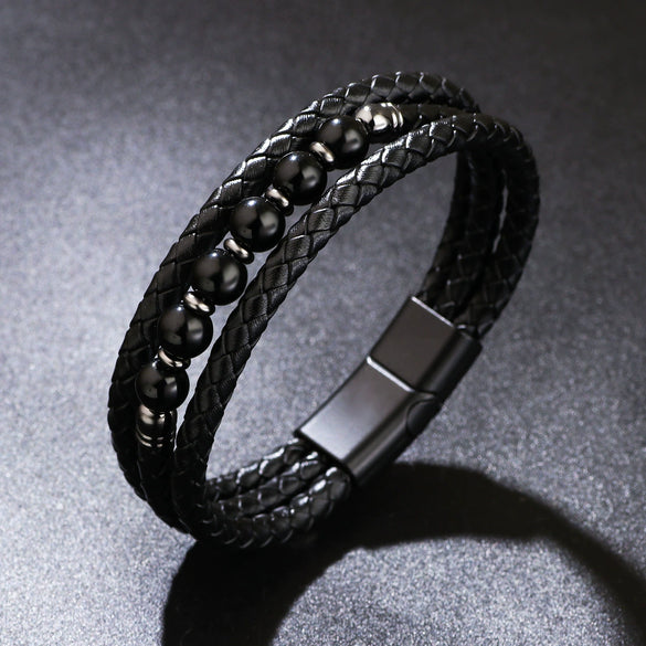 Unisex Handmade Mixed Material Multilayer Woven Leather And Pu Leather Bracelet With Geometric Pattern
