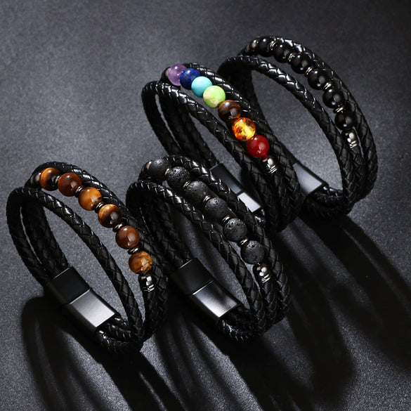 Unisex Handmade Mixed Material Multilayer Woven Leather And Pu Leather Bracelet With Geometric Pattern