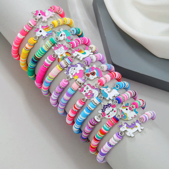 Unisex Handmade Multilayer Stacked Dripping Rainbow Unicorn Cartoon Soft Polymer Clay Bracelet With Animal Zodiac Design