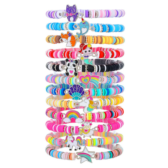 Unisex Handmade Multilayer Stacked Dripping Rainbow Unicorn Cartoon Soft Polymer Clay Bracelet With Animal Zodiac Design