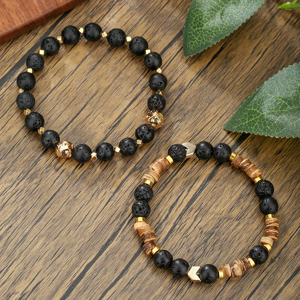Unisex Handmade Natural Semiprecious Stone And Wood Bead Bracelet With Geometric Style