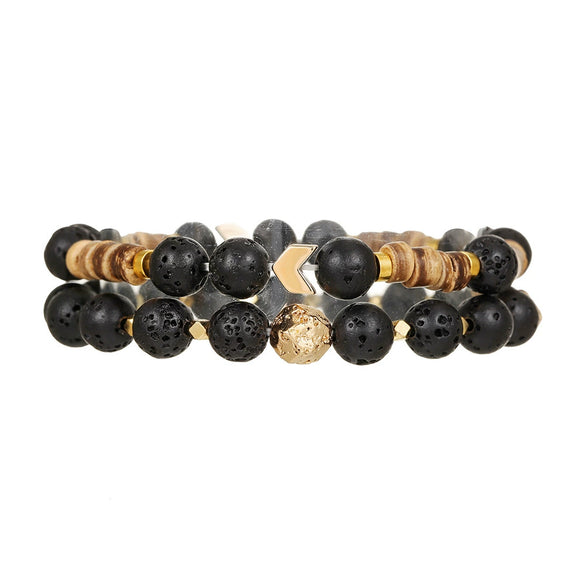 Unisex Handmade Natural Semiprecious Stone And Wood Bead Bracelet With Geometric Style