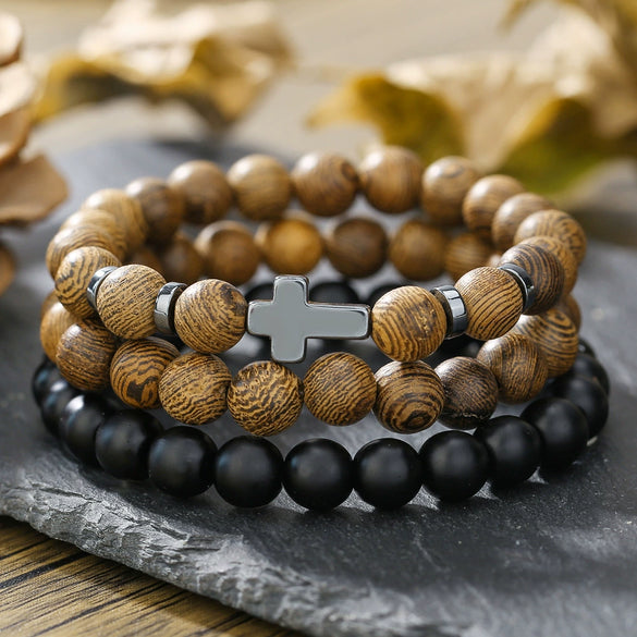 Unisex Handmade Natural Semiprecious Stone And Wood Bead Bracelet With Geometric Style