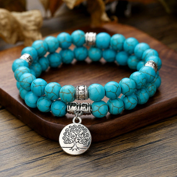 Unisex Handmade Natural Semiprecious Stone And Wood Bead Bracelet With Geometric Style