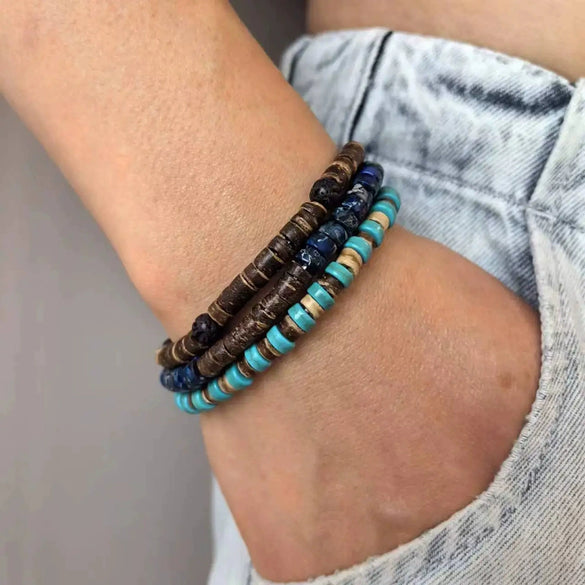 Unisex Handmade Natural Semiprecious Stone And Wood Bead Bracelet With Geometric Style