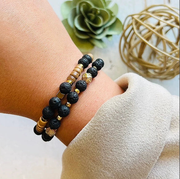 Unisex Handmade Natural Semiprecious Stone And Wood Bead Bracelet With Geometric Style