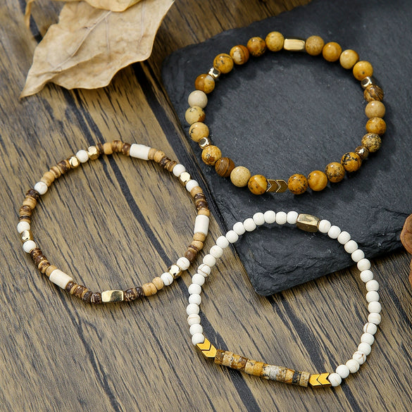 Unisex Handmade Natural Semiprecious Stone And Wood Bead Bracelet With Geometric Style