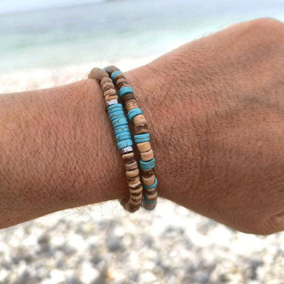 Unisex Handmade Natural Semiprecious Stone And Wood Bead Bracelet With Geometric Style