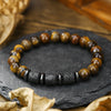 Unisex Handmade Natural Tiger Eye And Volcanic Stone Beaded Elastic Bracelet With Geometric Pattern