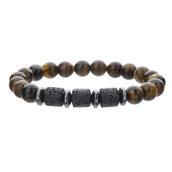 Unisex Handmade Natural Tiger Eye And Volcanic Stone Beaded Elastic Bracelet With Geometric Pattern