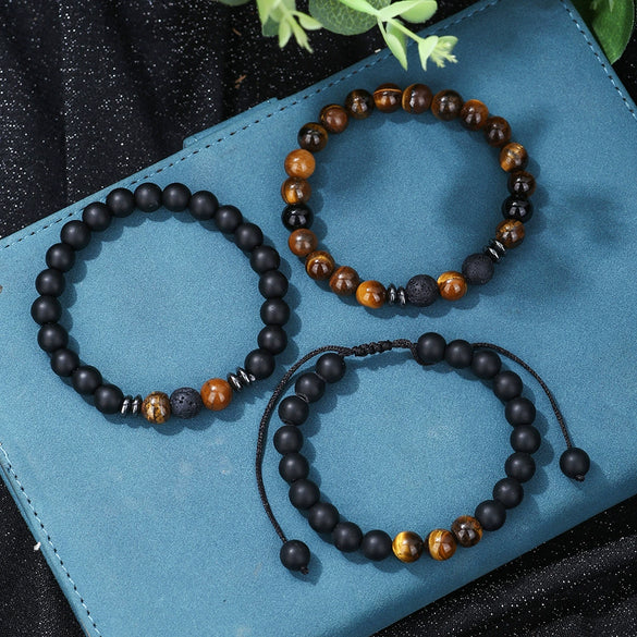 Unisex Handmade Obsidian Geometric Elastic Woven Beaded Bracelet