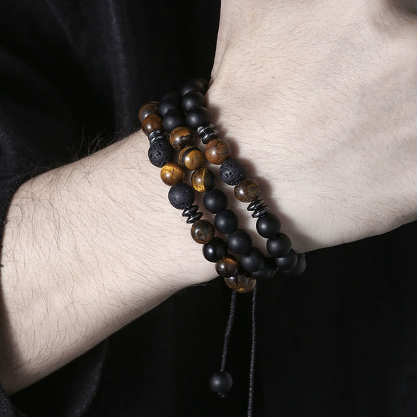 Unisex Handmade Obsidian Geometric Elastic Woven Beaded Bracelet