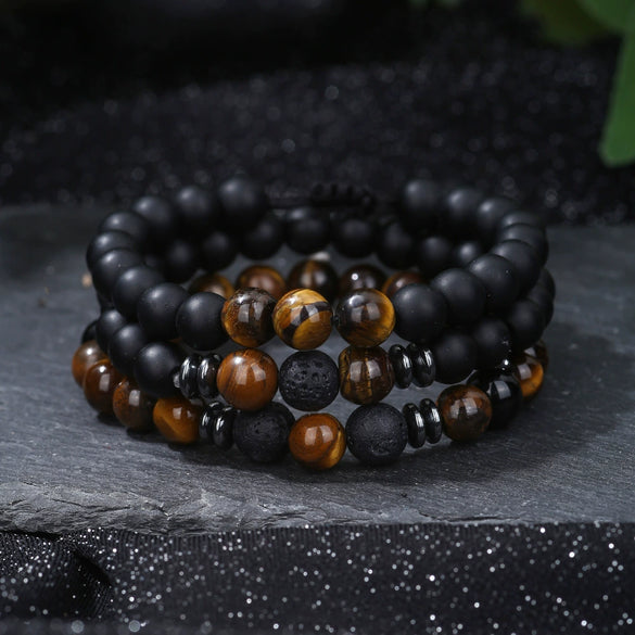 Unisex Handmade Obsidian Geometric Elastic Woven Beaded Bracelet