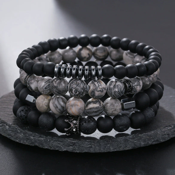 Unisex Hip Hop Stone Copper Inlaid Geometric Handmade Bracelet 4 Pieces Set
