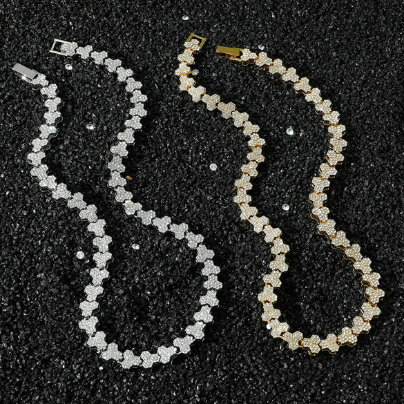 Unisex Hip Hop Style Alloy Cuban Chain Necklace Set With Diamonds And Geometric Triangle Stitching