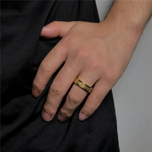 Unisex Hiphop Punk Stainless Steel Geometric Ring With Roman Numerals Electroplated
