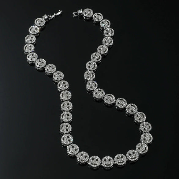 Unisex Hiphop Style Alloy Cuban Chain Necklace With Exaggerated Smiling Face And Diamond Design Geometric Pattern