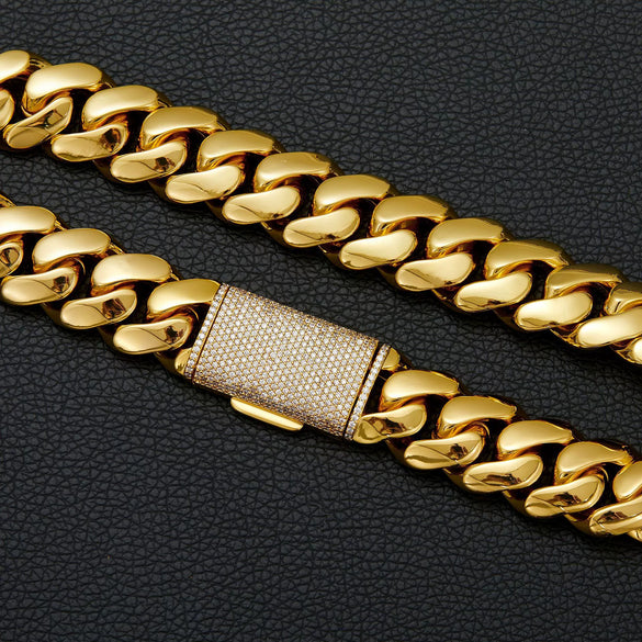 Unisex Jewelry Stainless Steel Cuban Chain Necklace Electroplated Gold Geometric Style With Microinlaid Zircon Diamond Buckle