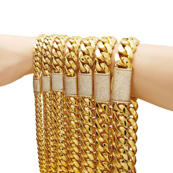 Unisex Jewelry Stainless Steel Cuban Chain Necklace Electroplated Gold Geometric Style With Microinlaid Zircon Diamond Buckle