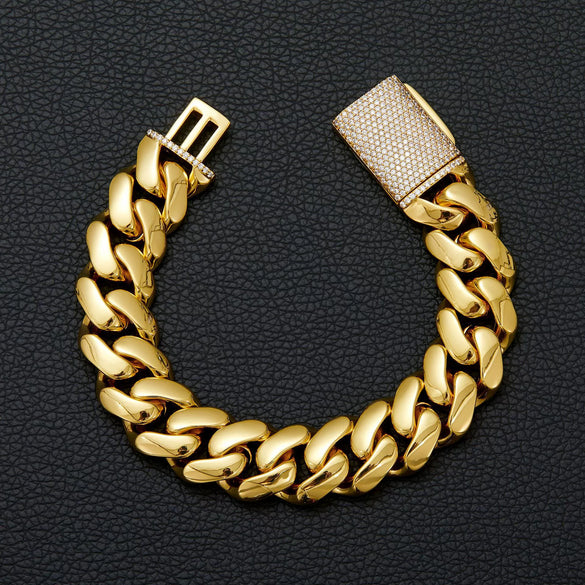 Unisex Jewelry Stainless Steel Cuban Chain Necklace Electroplated Gold Geometric Style With Microinlaid Zircon Diamond Buckle