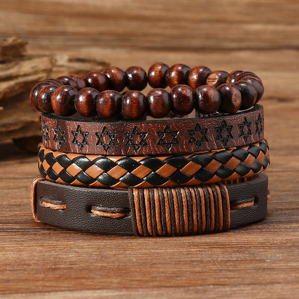 Unisex Leather Handwoven Geometric Sixpointed Star Bracelet