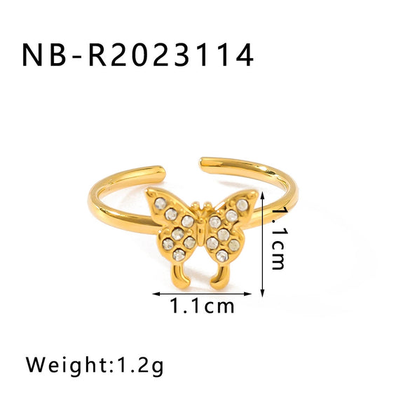Unisex Love Leaf Heart Butterfly Full Diamond Opening Ring Titanium Steel And Stainless Steel 18K Gold Vacuum Plated