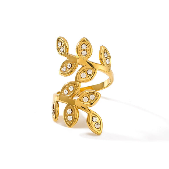 Unisex Love Leaf Heart Butterfly Full Diamond Opening Ring Titanium Steel And Stainless Steel 18K Gold Vacuum Plated