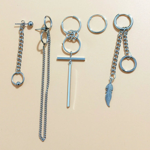 Unisex Metal Geometric Chain Earrings And Ear Clip Set With Electroplated Finish Simple Hip Hop Style Original Design