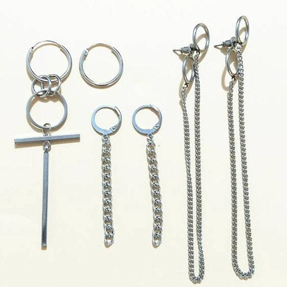 Unisex Metal Geometric Chain Earrings And Ear Clip Set With Electroplated Finish Simple Hip Hop Style Original Design