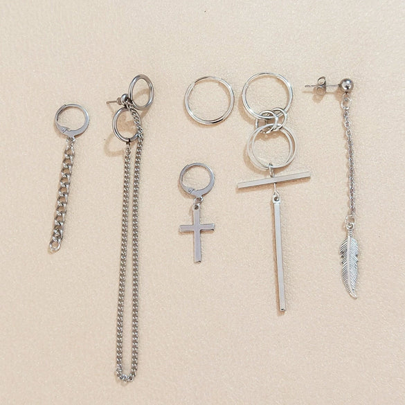 Unisex Metal Geometric Chain Earrings And Ear Clip Set With Electroplated Finish Simple Hip Hop Style Original Design