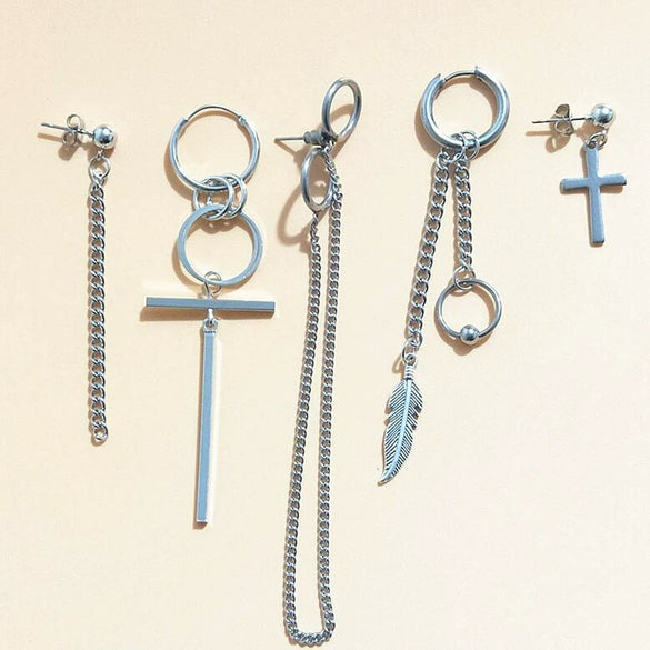 Unisex Metal Geometric Chain Earrings And Ear Clip Set With Electroplated Finish Simple Hip Hop Style Original Design
