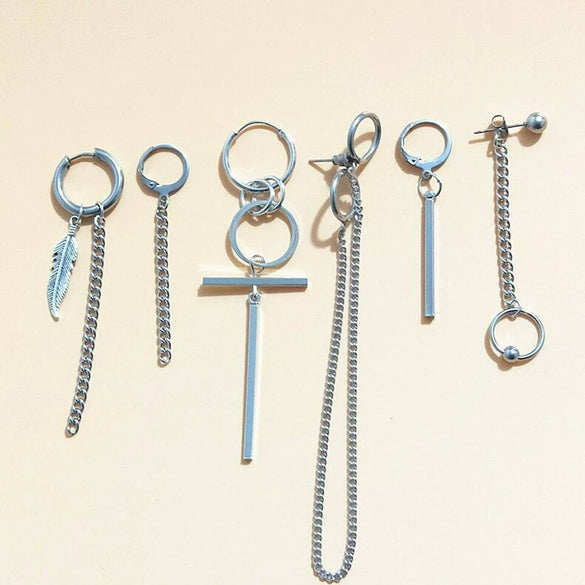 Unisex Metal Geometric Chain Earrings And Ear Clip Set With Electroplated Finish Simple Hip Hop Style Original Design