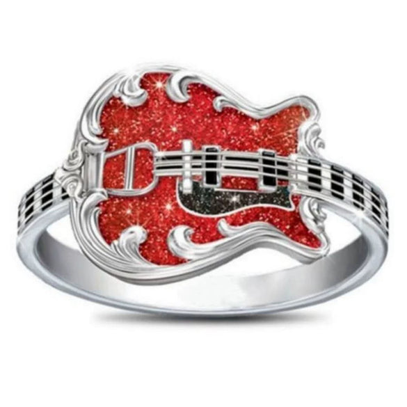 Unisex Metal Guitar Ring With Red Enamel Drip Detail Electroplated Fashion Jewelry