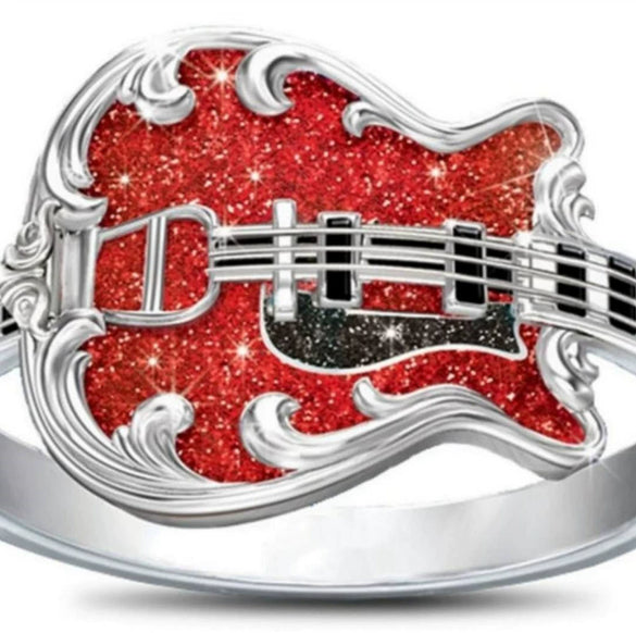 Unisex Metal Guitar Ring With Red Enamel Drip Detail Electroplated Fashion Jewelry