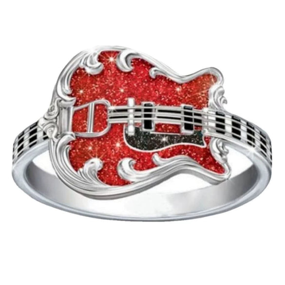 Unisex Metal Guitar Ring With Red Enamel Drip Detail Electroplated Fashion Jewelry