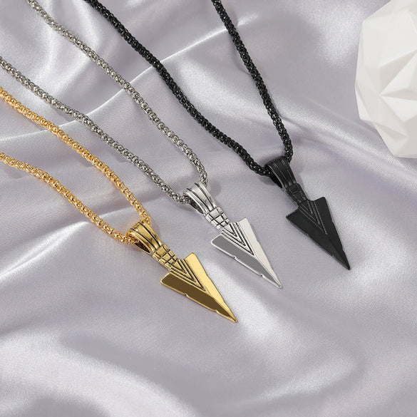Unisex Metal Necklace With Geometric Triangle Spearhead Pendant And Corn Chain Electroplated