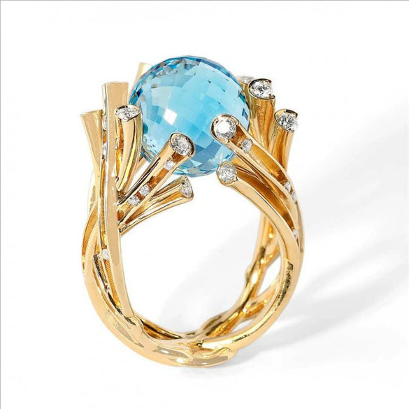 Unisex Metal Ring With Blue Crystal Ball And Golden Branch Design Electroplated Fashion Jewelry