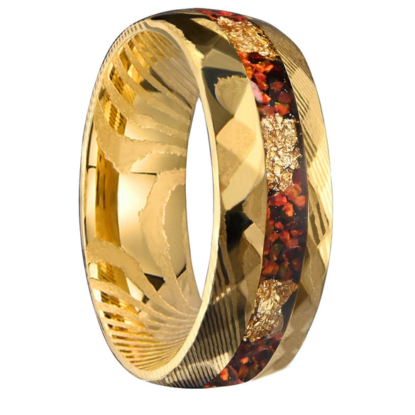 Unisex Minimalist Geometric Tungsten Steel Ring With Gold Electroplating Gold Foil Detail And Red Opal Inlay