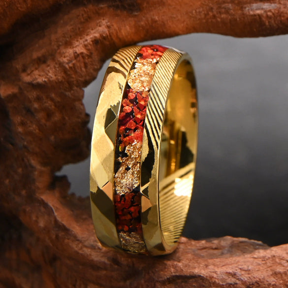 Unisex Minimalist Geometric Tungsten Steel Ring With Gold Electroplating Gold Foil Detail And Red Opal Inlay