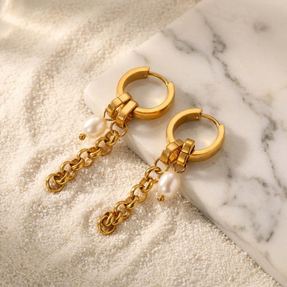 Unisex Minimalist Niche Style Geometric 18K Gold Electroplated Chain Earrings With Pearls