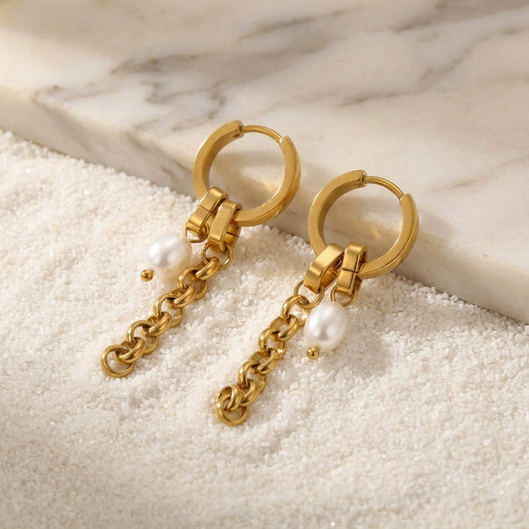 Unisex Minimalist Niche Style Geometric 18K Gold Electroplated Chain Earrings With Pearls