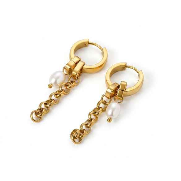 Unisex Minimalist Niche Style Geometric 18K Gold Electroplated Chain Earrings With Pearls